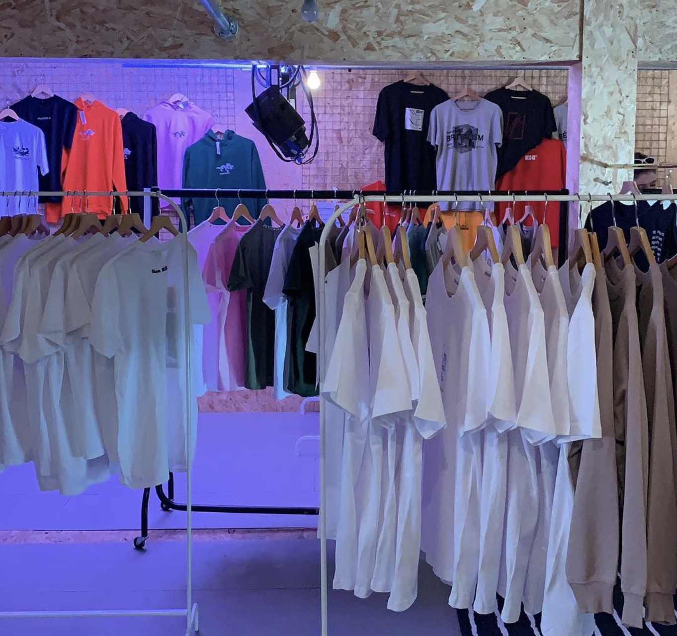 Sion Hill pop-up shop interior with clothing displays